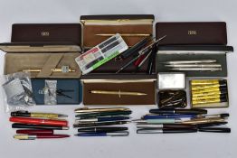 A TRAY CONTAINING TWO BOXED 14CT GOLD FILLED BALLPOINT PENS, a boxed Sterling Silver Cross