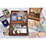 A BOX OF WORLD COINS to include some silver UK coins mainly silver threepences, some banknotes, Bank