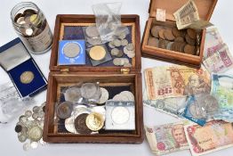 A BOX OF WORLD COINS to include some silver UK coins mainly silver threepences, some banknotes, Bank