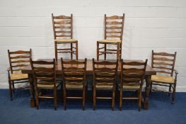 A REPRODUCTION 18TH CENTURY STYLE OAK PLANK TOP 8FT REFECTORY TABLE, on turned and block legs,