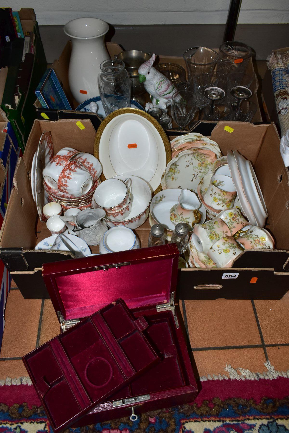 TWO BOXES AND LOOSE CERAMICS, GLASS, ETC, to include R. Delinieres & Co, Limoges teawares for