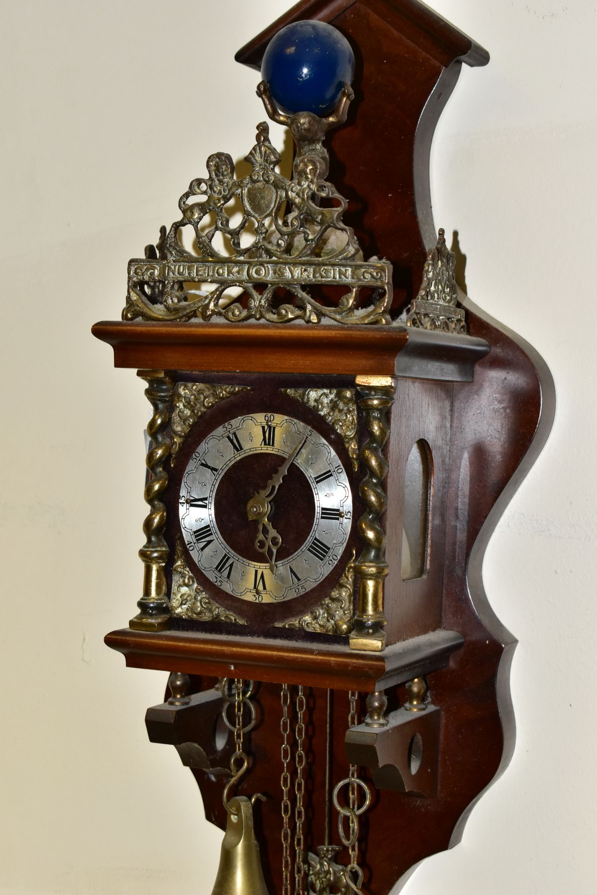 A REPRODUCTION DUTCH STYLE WALL CLOCK, with Atlas finial above, pierced gallery and crest, dial with - Image 2 of 5