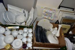 FIVE BOXES AND LOOSE DINNERWARES, PHOTO FRAMES, CUTLERY, etc, to include Maxwell & Williams white