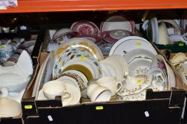 SIX BOXES OF CERAMICS AND GLASSWARE, including three white pressed glass chicken shaped egg