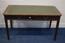 AN EDWARDIAN MAHOGANY WRITING TABLE, with a green leather style top and two frieze drawers, width