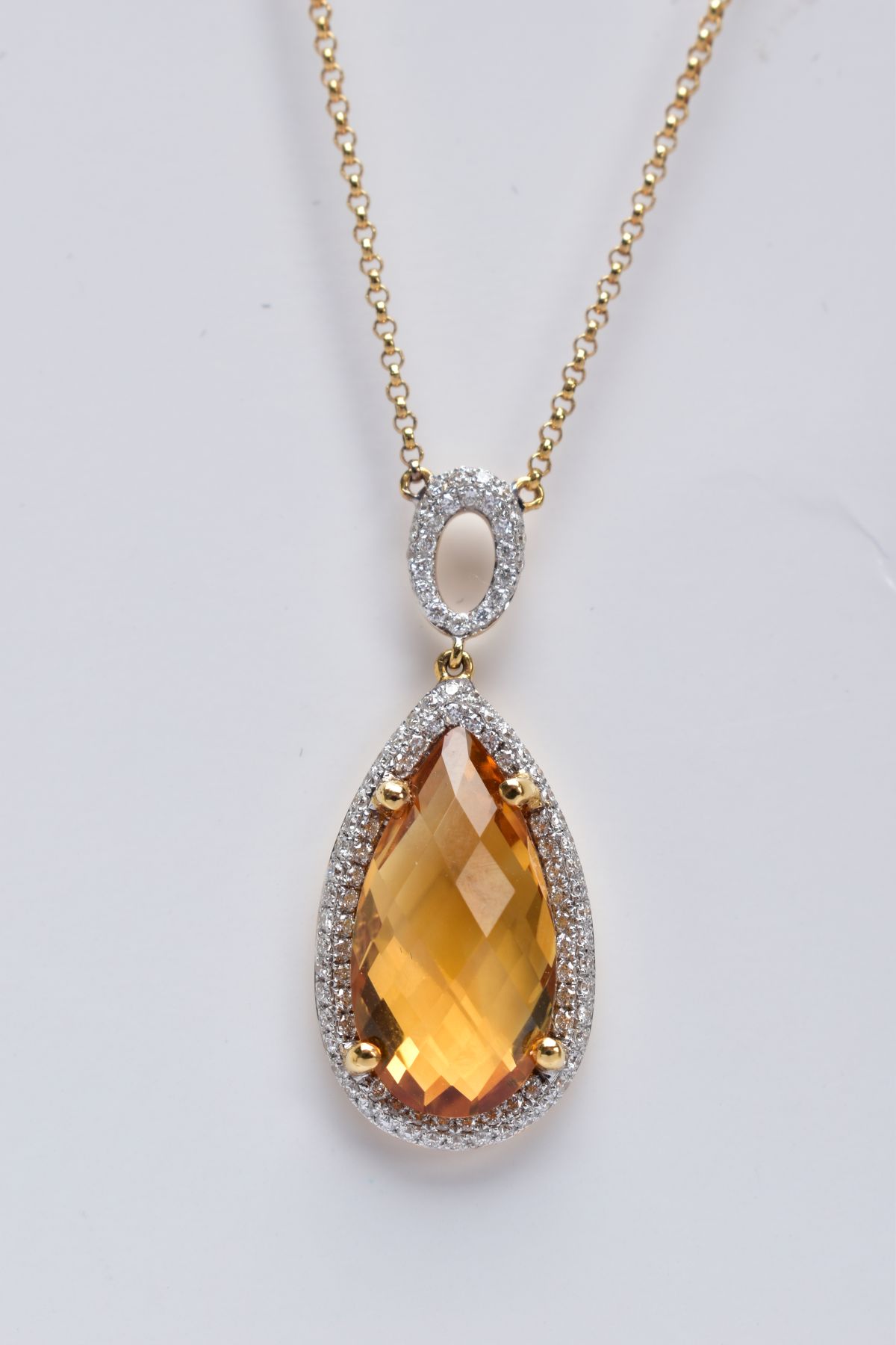 AN 18CT GOLD CITRINE AND DIAMOND PENDANT NECKLET, designed with a claw set pear cut citrine, - Image 2 of 5