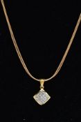 A MODERN DIAMOND CLUSTER PENDANT NECKLACE, the pendant of a square design set with twenty five