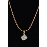 A MODERN DIAMOND CLUSTER PENDANT NECKLACE, the pendant of a square design set with twenty five