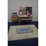 A G PLAN FRESCO TEAK CARVER CHAIR, together with a white topped and beech kitchen table, a duet