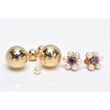 TWO PAIRS OF EARRINGS, to include a pair of 9ct gold cluster earrings each designed with a central