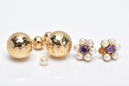 TWO PAIRS OF EARRINGS, to include a pair of 9ct gold cluster earrings each designed with a central