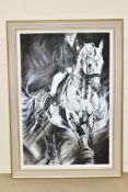 JOY HARRIS (BRITISH CONTEMPORARY) 'GREY DAYS' a portrait of a rider astride a white horse, signed