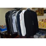 A QUANTITY OF GENTLEMEN'S CLOTHING, MOSTLY SUITS, including a C & A polycotton Mac, chest size