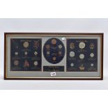 A FRAMED DISPLAY OF ROMAN & BRITISH CIVIL WAR, copy coinage with some 20th century coins