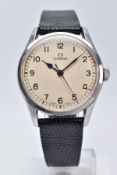 A HAND WOUND OMEGA WRISTWATCH, possibly later cream dial with Arabic numerals, black spade
