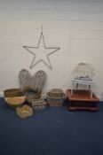 A QUANTITY OF HOME DECOR MISCELLANEOUS, to include wall mounted wicker heart, wicker baskets, etc,