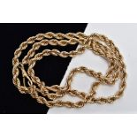 A YELLOW METAL ROPE TWIST CHAIN, fitted with a swivel hook clasp, stamped '9ct', length 680mm,