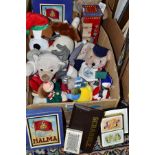 TWO BOXES OF MODERN SOFT TOYS AND BOARD GAMES, including Halma, playing cards, Christmas themed soft