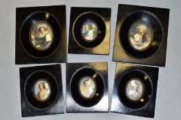 SIX 20TH CENTURY MINIATURE OIL PAINTINGS OF LADIES, in costume of the 17th, 18th and 19th Century,