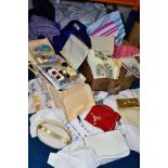 A SEWING BOX AND CONTENTS AND THREE BOXES OF LINEN, SHOES, HAT etc, to include Sylko cottons,