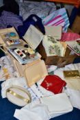 A SEWING BOX AND CONTENTS AND THREE BOXES OF LINEN, SHOES, HAT etc, to include Sylko cottons,