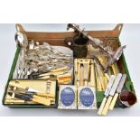 A BOX OF FLATWARE AND OTHER ITEMS, to include a cased set of six 'Walker & Hall' resin handled