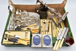 A BOX OF FLATWARE AND OTHER ITEMS, to include a cased set of six 'Walker & Hall' resin handled