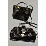 TWO LADIES BLACK LEATHER HANDBAGS, a Jaeger example with chain link straps and a Delfino Prestige of