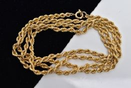 A YELLOW METAL ROPE TWIST CHAIN, fitted with a spring clasp stamped '375', length 700mm, approximate