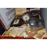 A GROUP OF COLLECTABLES, METALWARE, TREEN, ETC, including a pair of butter pats, a table top