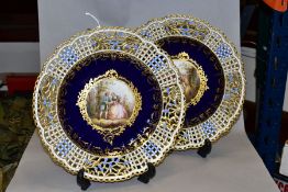 A PAIR OF LATE 19TH CENTURY MEISSEN CABINET PLATES, wavy rims, pierced and floral borders