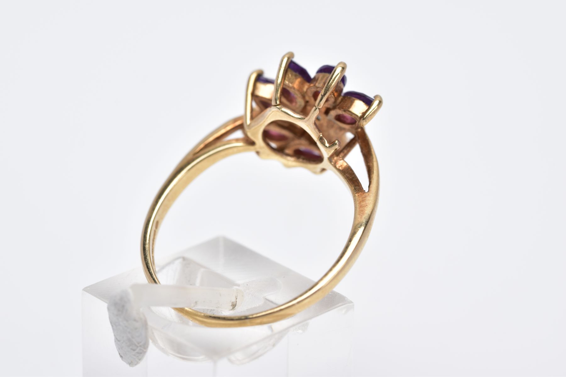 A 9CT GOLD AMETHYST RING, designed as a spray of marquise cut amethyst with a single cut diamond - Image 3 of 4
