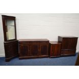 A MODERN MAHOGANY GLAZED SINGLE DOOR CORNER CUPBOARD, together with a three drawer sideboard, two