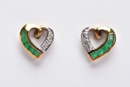 A PAIR OF 9CT GOLD EMERALD AND DIAMOND EARRINGS, each designed as an openwork heart to one side