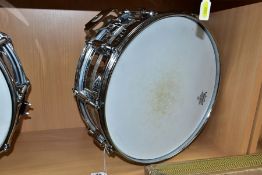 A VINTAGE ROGERS DYNASONIC 14 INCH X 5 INCH CHROMED SNARE DRUM, serial No. D42350