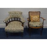 AN EDWARDIAN MAHOGANY ARMCHAIR with a scrolled back, along with an early 20th century beech