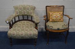 AN EDWARDIAN MAHOGANY ARMCHAIR with a scrolled back, along with an early 20th century beech