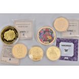 SIX GOLD LAYERED COINS to include a 2012 Jersey five pounds RMS Titanic, Cook Isle 2012 Titanic, a