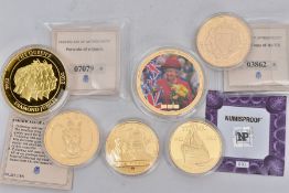 SIX GOLD LAYERED COINS to include a 2012 Jersey five pounds RMS Titanic, Cook Isle 2012 Titanic, a