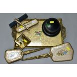 A PETIT POINT DRESSING TABLE SET, Dorset Fifth Avenue make up compact, Waterman ball point pen in