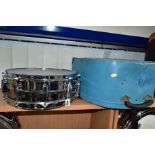 A LUDWIG 400 14 INCH X 5 INCH CHROMED SNARE DRUM, serial no 1064904, with a Ludwig fibre case