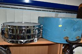 A LUDWIG 400 14 INCH X 5 INCH CHROMED SNARE DRUM, serial no 1064904, with a Ludwig fibre case