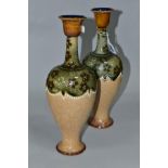 A PAIR OF ROYAL DOULTON SLATER'S PATENT STONEWARE BALUSTER VASES, treacle glazed rims, green