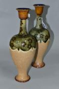 A PAIR OF ROYAL DOULTON SLATER'S PATENT STONEWARE BALUSTER VASES, treacle glazed rims, green