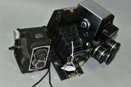 AN ENSIGN INSTANT POCKET FOLDING CAMERA, a Ross Ensign Ful-Vue Super and a Fujica 8EE Cine camera (