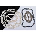 TWO CULTURED FRESHWATER PEARL NECKLACES, A TAHITIAN PEARL NECKLACE AND A WHITE METAL BUCKLE, the
