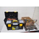 TWO WORKZONE TOOLBOXES AND A TRAY CONTAINING TOOLS including a mitre saw, chisels, auger bits,