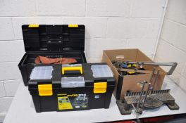 TWO WORKZONE TOOLBOXES AND A TRAY CONTAINING TOOLS including a mitre saw, chisels, auger bits,