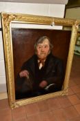 A SEATED PORTRAIT OF A VICTORIAN GENTLEMAN AND HIS DOG, unsigned oil on canvas with gilt frame, size