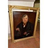 A SEATED PORTRAIT OF A VICTORIAN GENTLEMAN AND HIS DOG, unsigned oil on canvas with gilt frame, size